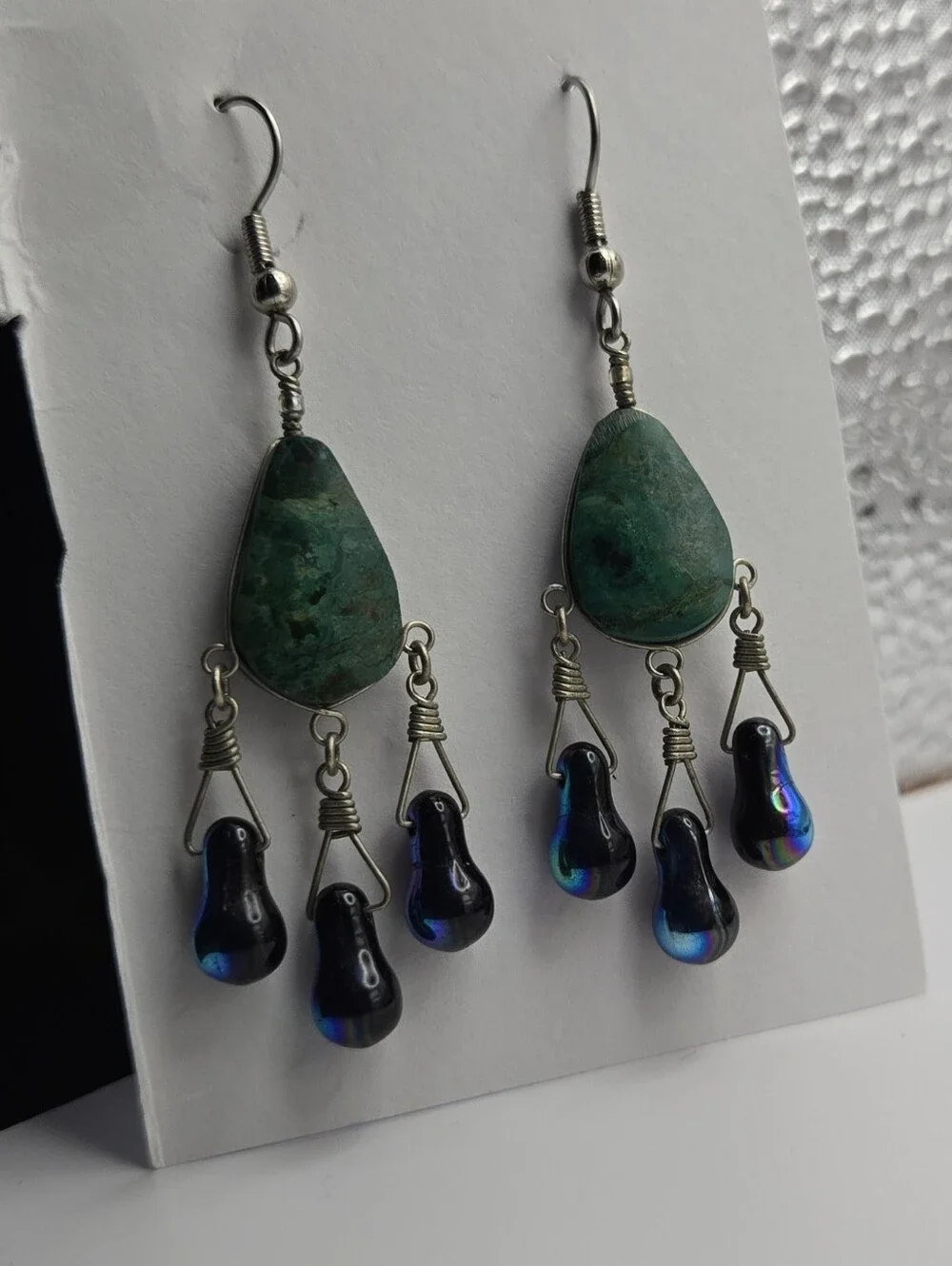 Vintage Turquoise Teardrop Dangle Earrings with Iridescent Black Beads